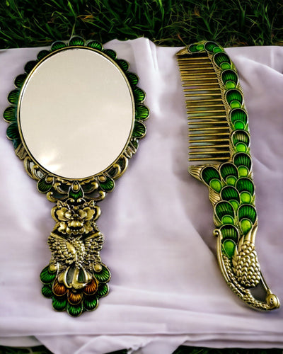 Vintage-Set mit Spiegel und Kamm im Pfauenmotiv - Dekorative Kosmetikaccessoires