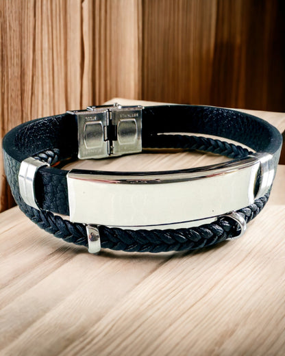 Bracelet Homme en Cuir PU et Acier Inoxydable avec Possibilité de Gravure – Disponible en Deux Variantes de Couleur