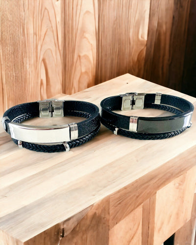 Bracciale da Uomo in Pelle PU e Acciaio Inossidabile con Possibilità di Incisione – Disponibile in Due Varianti di Colore