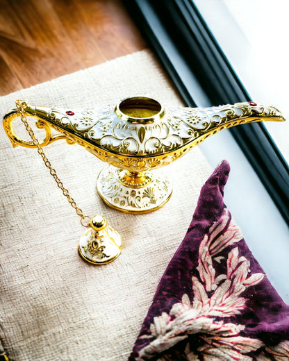 Lampe Magique d'Aladin avec Option de Gravure - Variante Blanche, entrelacée d'or