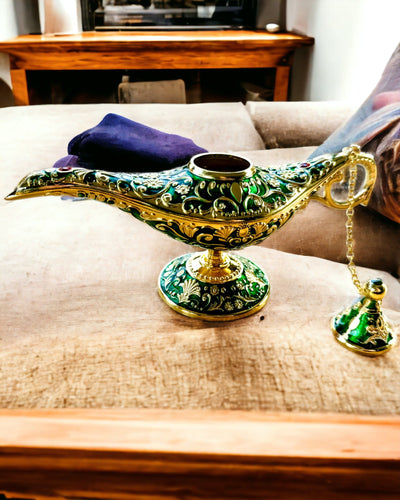 Magic Aladdin Lamp with Engraving Option - Dark Green Variant, interwoven with gold