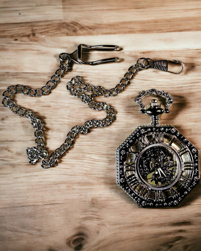 Orologio da Tasca Meccanico Ottagonale Classico in Argento con Quadrante Scheletrato in Stile Steampunk