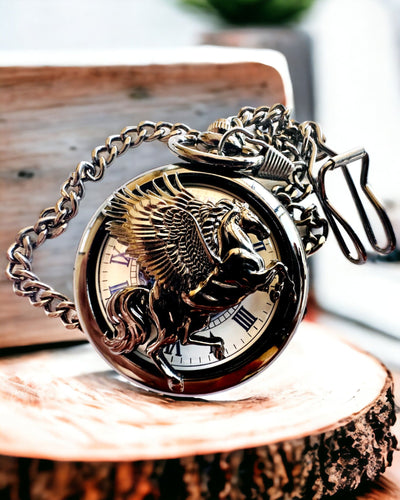 Orologio da Tasca "Equus Tempus" - Nero con Motivo Cavallo, possibilità di personalizzazione con incisione - quadrante bianco