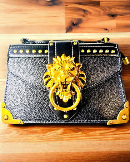 Sac à bandoulière carré à la mode avec accent lion - couleur noir