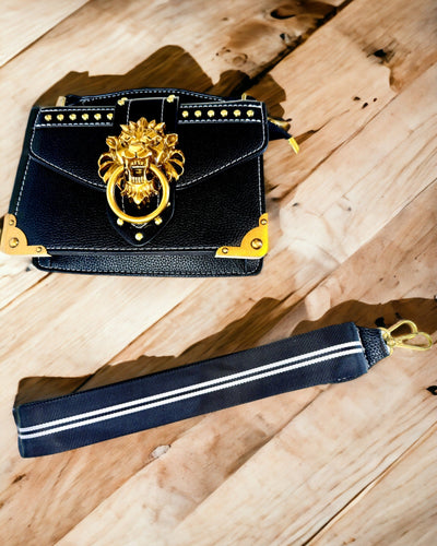 Fashionable Square Shoulder Bag with Lion Accent - color black