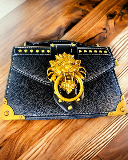 Sac à bandoulière carré à la mode avec accent lion - couleur noir