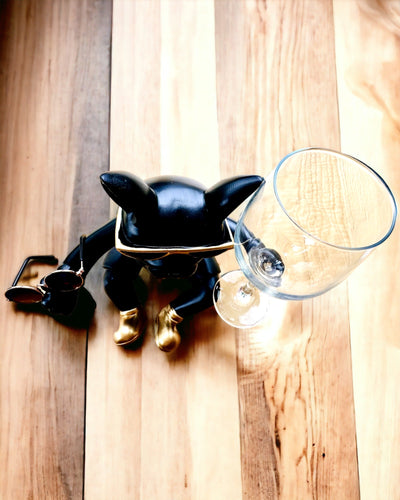 Figura esclusiva "Bulldog Elegante", colore nero, supporto per bicchiere di vino o champagne, personalizzazione con incisione
