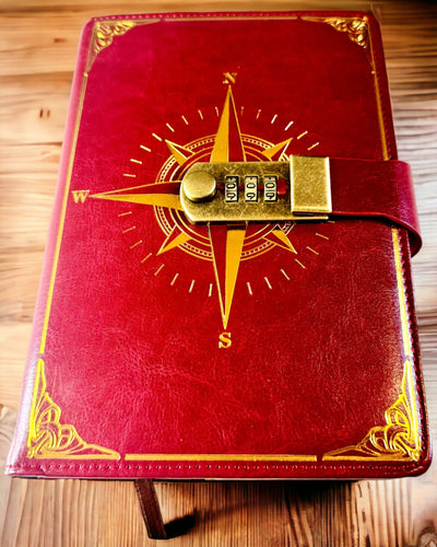 Taccuino Premium con Lucchetto a Combinazione A5 - Stile Vintage con Bussola, Design Giapponese, Articoli di Cancelleria per Studenti e Business. Personalizzazione con Incisione