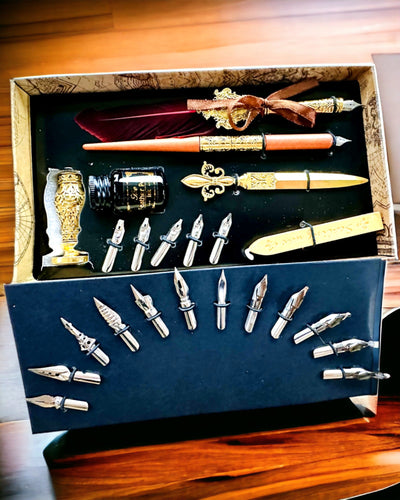 Ensemble Calligraphique Exclusif, stylo-plume à tremper et ensemble d'encres, personnalisation par gravure