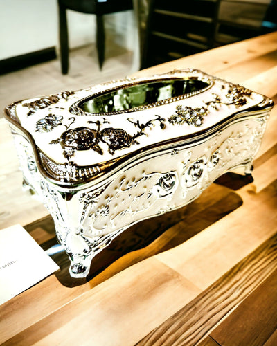 Boîte à Mouchoirs avec Motif en Relief de Rose - Élégant Accessoire pour Intérieurs, blanc
