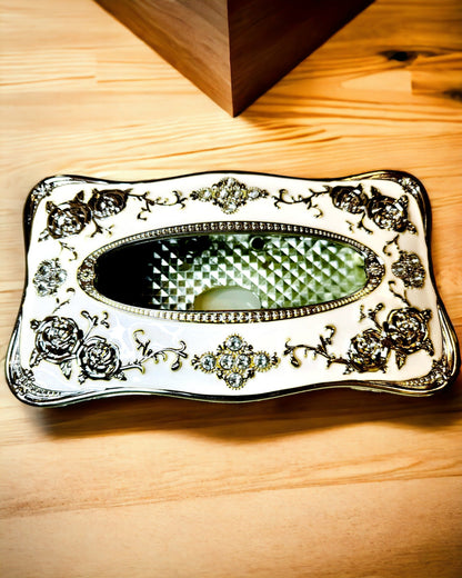 Scatola per Fazzoletti con Motivo a Rilievo di Rosa - Elegante Accessorio per Interni, bianco