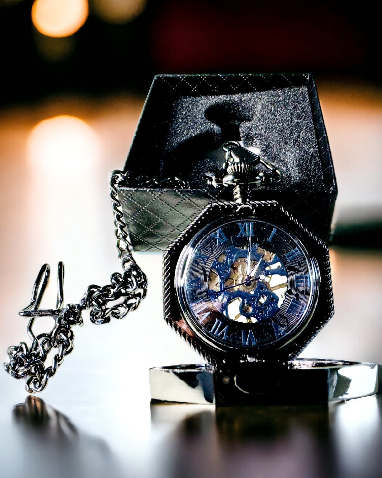 Orologio da Tasca Meccanico Ottagonale Classico Steampunk Nero, Incisione
