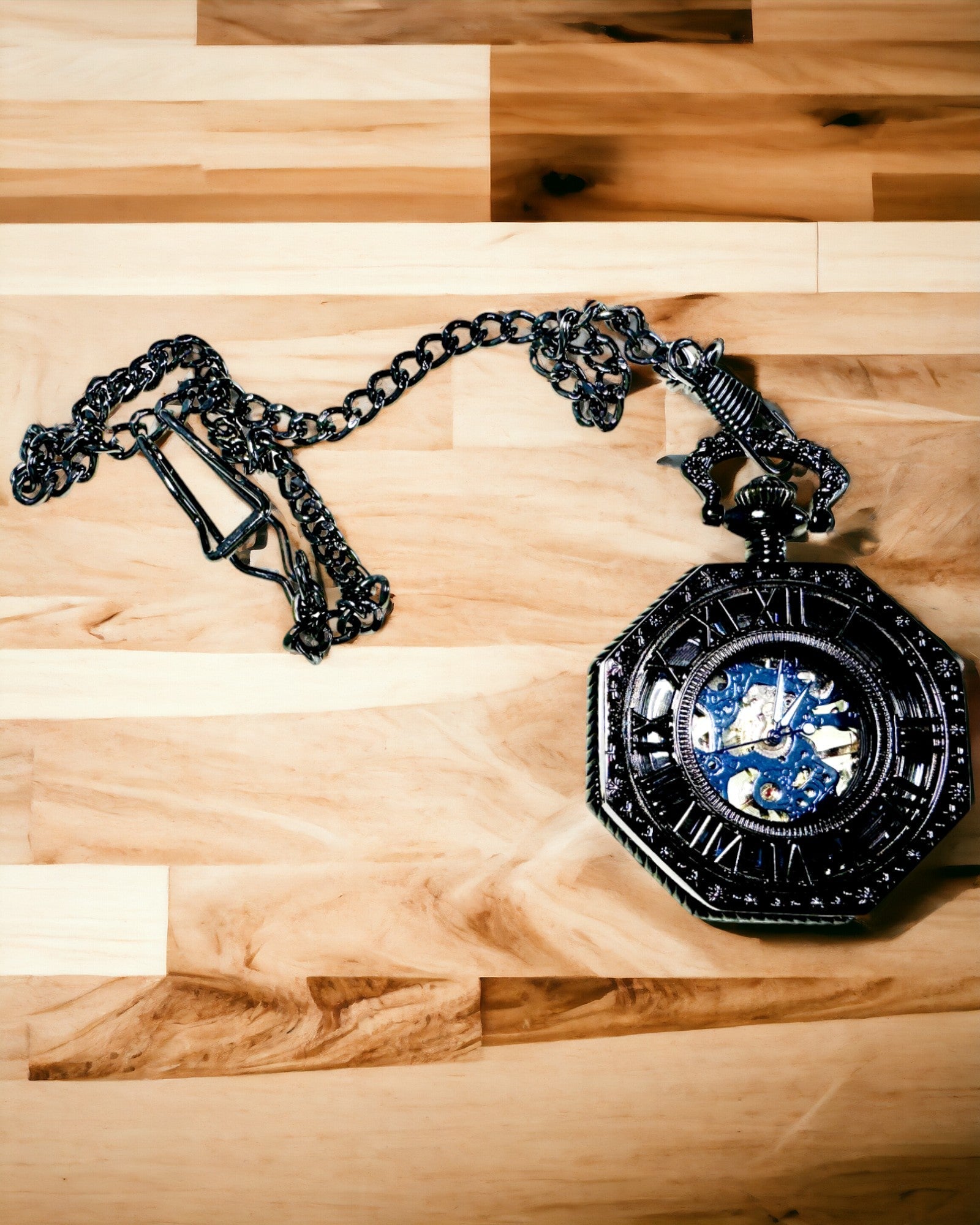 Orologio da Tasca Meccanico Ottagonale Classico Steampunk Nero, Incisione
