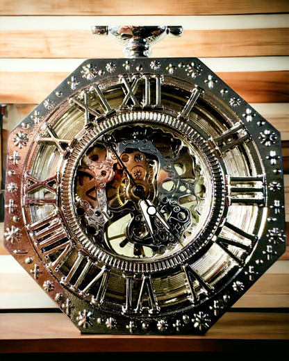 Montre de poche mécanique octogonale classique en argent avec cadran ajouré de style steampunk