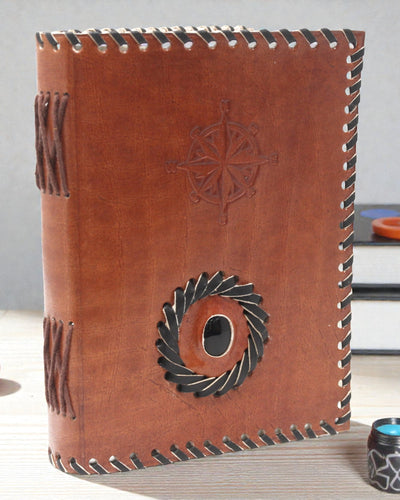 Taccuino in pelle onice nero e bussola 17x12 cm