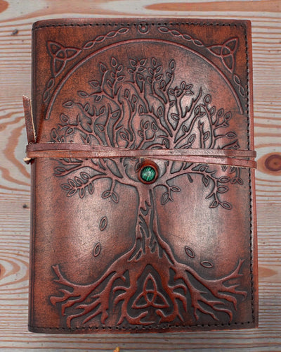 Vita Arboris – Small Leather Notebook, Tree of Life, with Green Stone