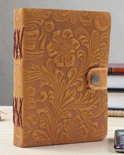 Leather Notebook with Embossed Flowers – brown (17.8 x 12.7 cm)