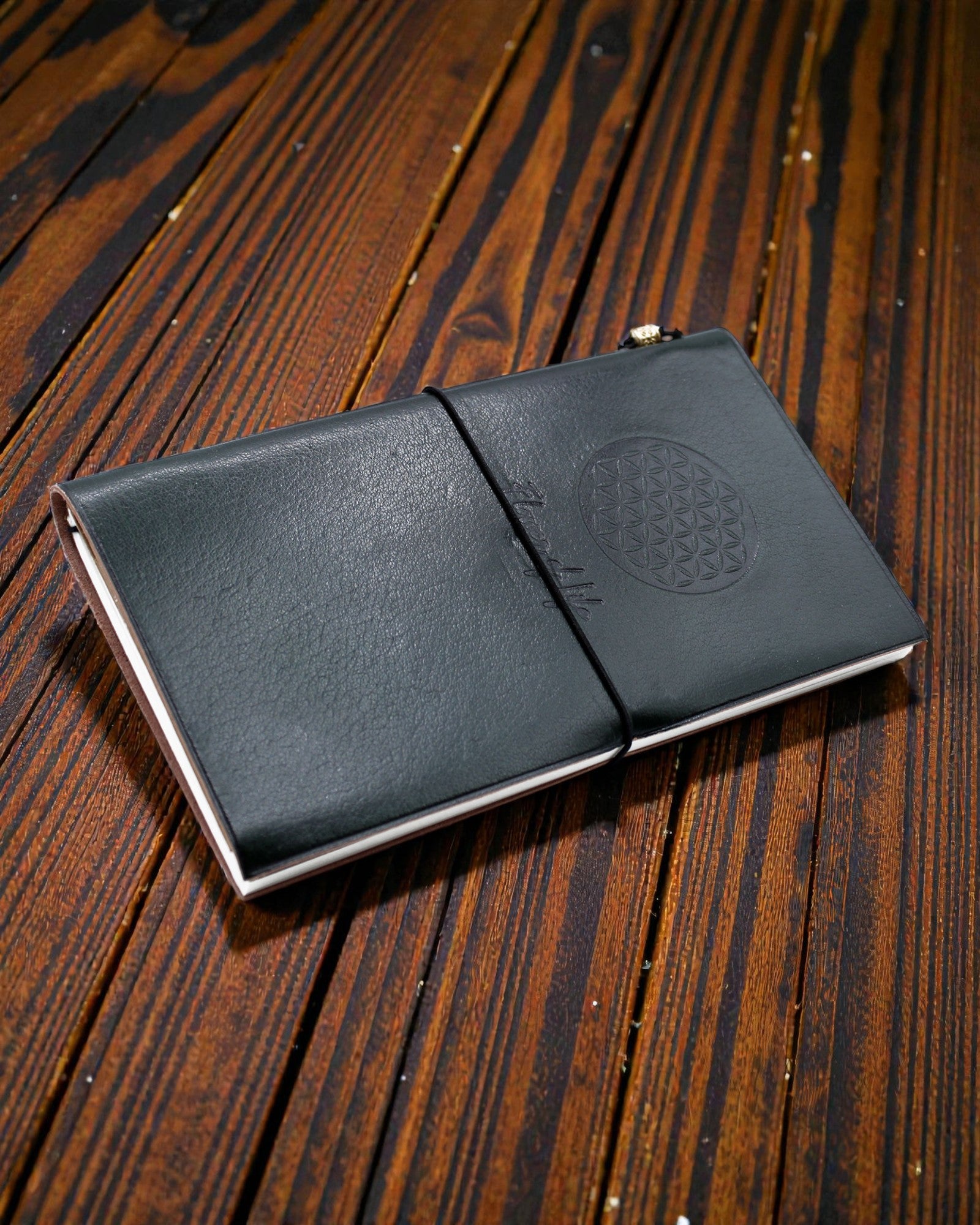 Diario di pelle fatto a mano - Fiore della Vita - Verde (80 pagine)