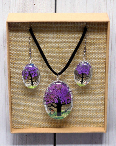 Lavendeltraum – Lavendelfarbenes Schmuckset mit getrockneten Blumen Baum des Lebens