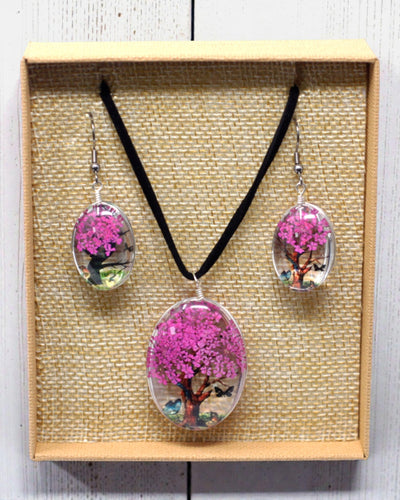 Rosenglanz – Hellrosa Schmuckset mit getrockneten Blumen, Baum des Lebens
