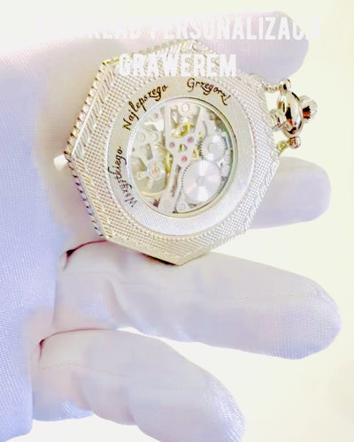 Orologio da Tasca Meccanico Ottagonale Classico in Argento con Quadrante Scheletrato in Stile Steampunk