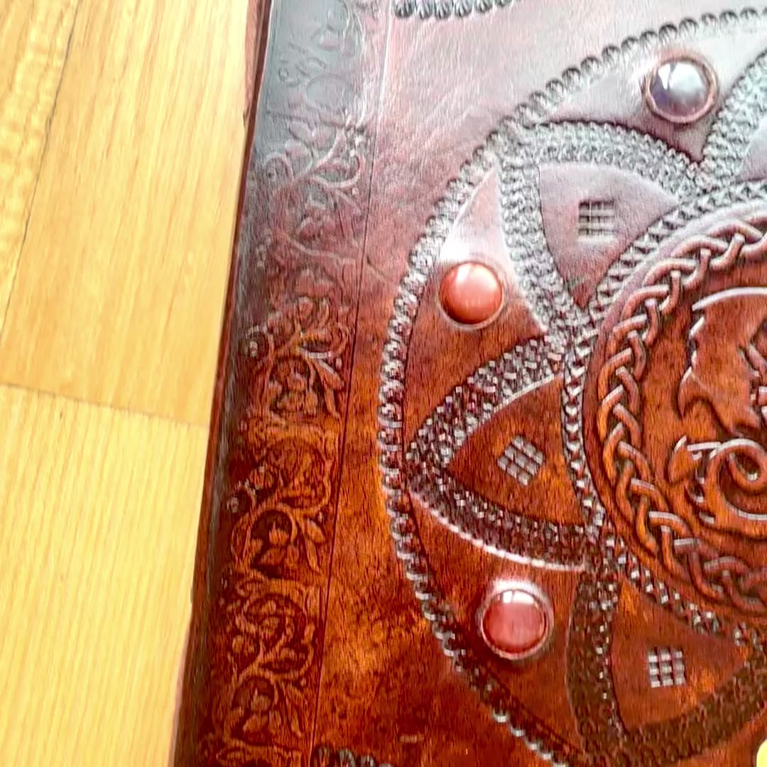 Dragon Mandala Book with Chakra Stones - Handcrafted, Natural Leather, 100 Smooth Pages, 25x34 cm