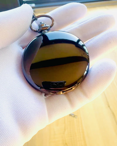 Classic Pocket Watch with Roman Numerals and Chain, Quartz, Black Shine - color black