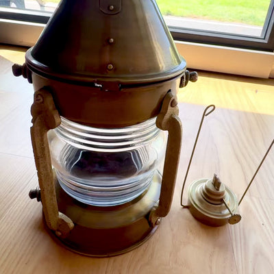 34 cm retro metal sailing lamp with customizable engraving in aged brass color