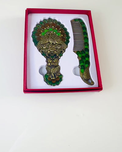 Vintage-Set mit Spiegel und Kamm im Pfauenmotiv - Dekorative Kosmetikaccessoires