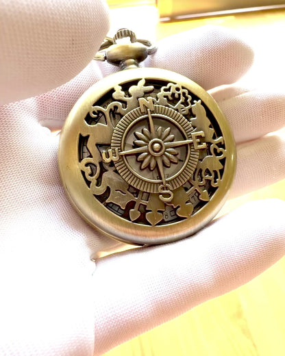 Orologio da Tasca Retrò con Motivo Bussola e Catena, al Quarzo, personalizzazione con incisione