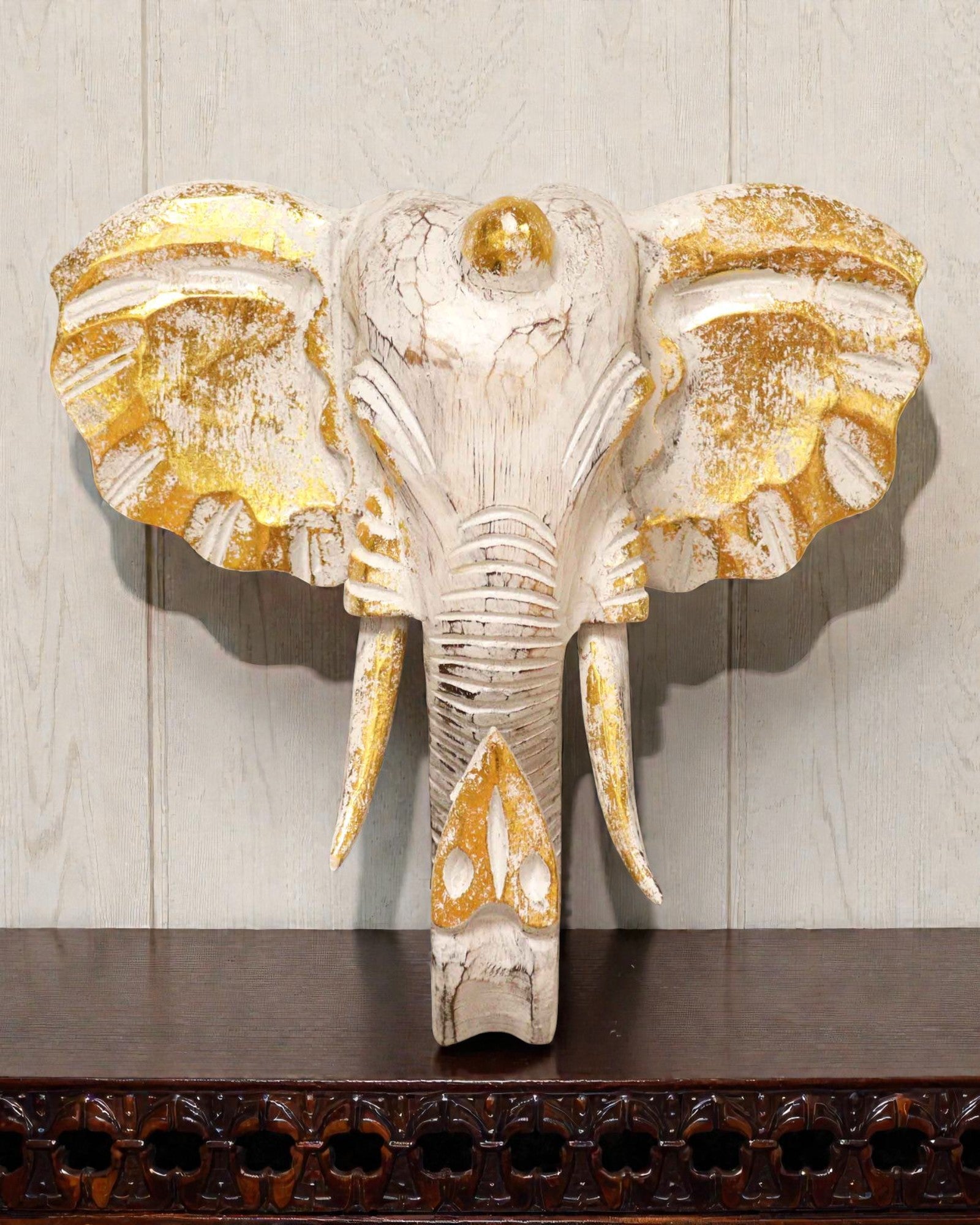 Grande tête d’éléphant 29x26 cm – Blanc et or