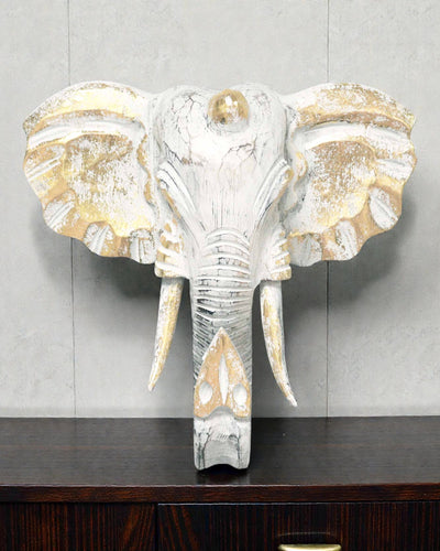 Grande tête d’éléphant 29x26 cm – Blanc et or